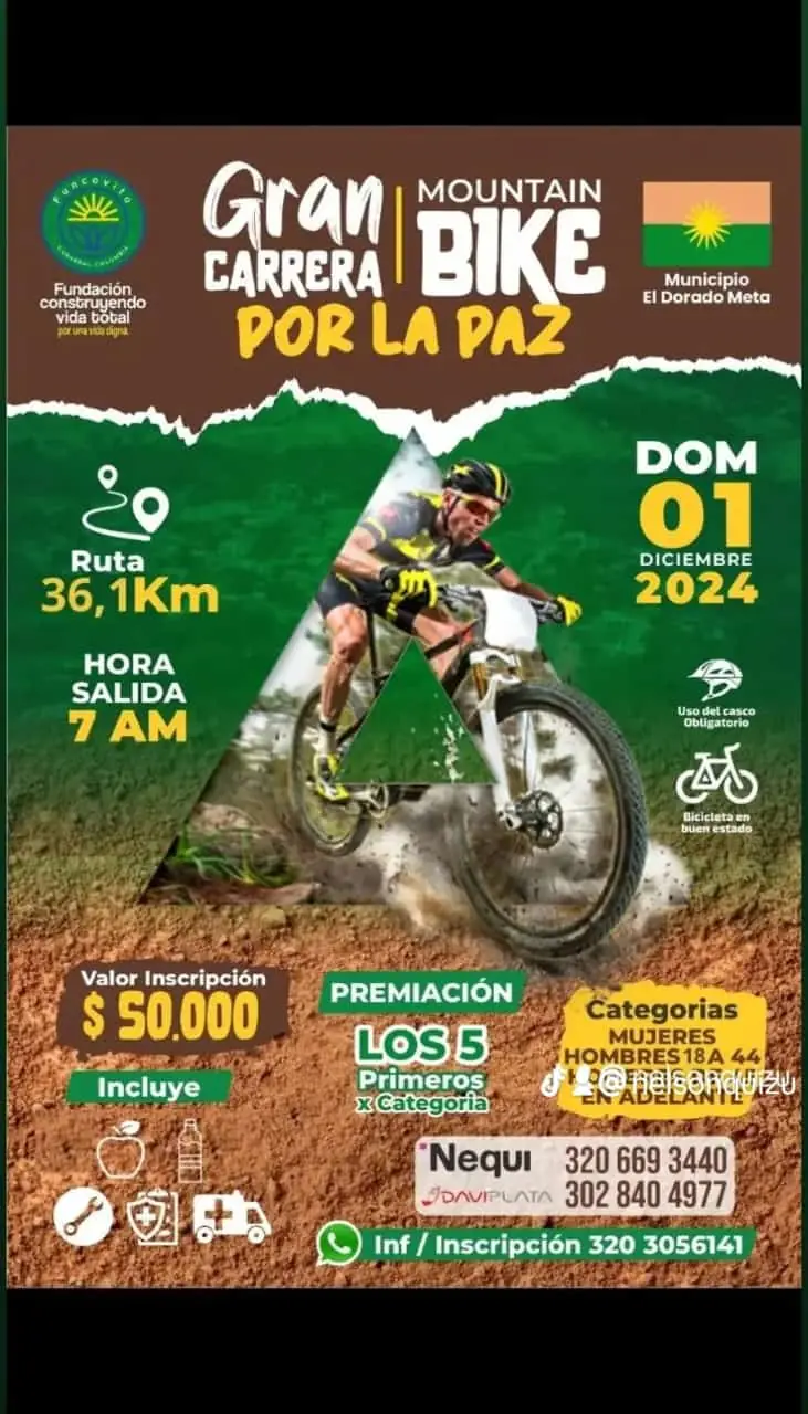 Afiche de la Gran Carrera por La Paz: mountain bike, domingo 1 de diciembre de 2024, ruta de 36,1 km y salida a las 7 a. m. en El Dorado, Meta