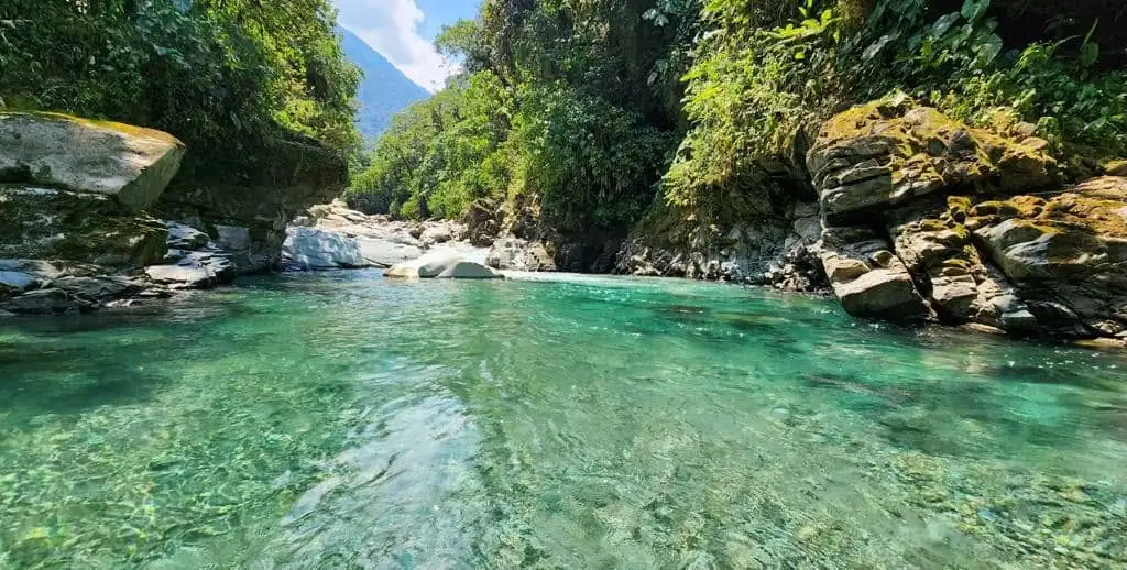 Un río de aguas cristalinas entre rocas y bosque